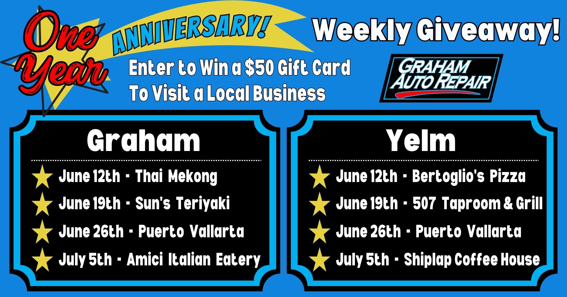 Win $50 to visit a Local Restaurant at Graham Auto Repair
